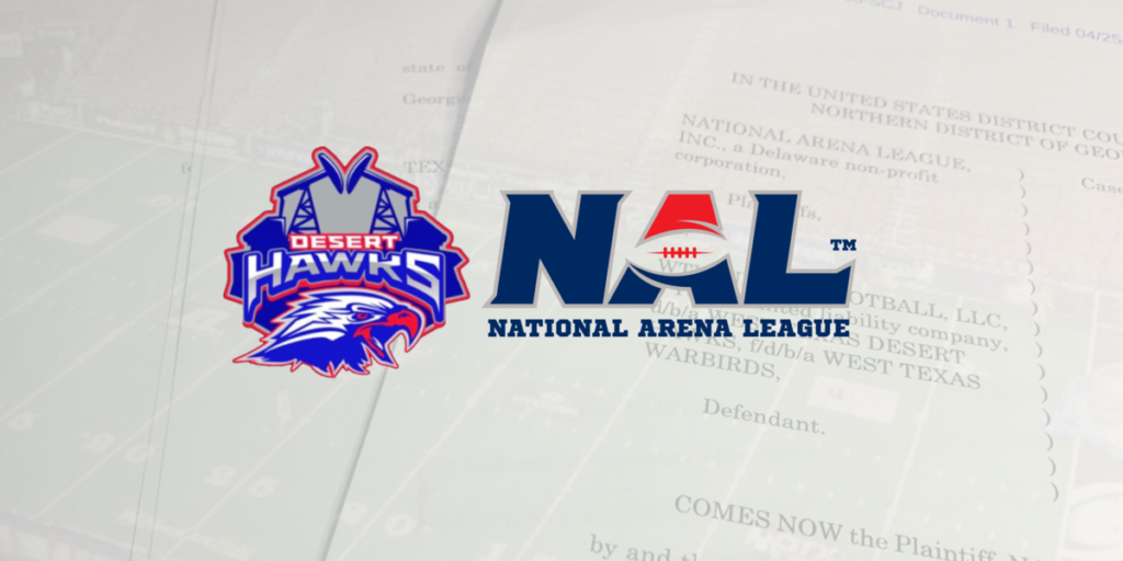 Image features the West Texas Desert Hawks, National Arena League logo. The background is an official copy of the lawsuit