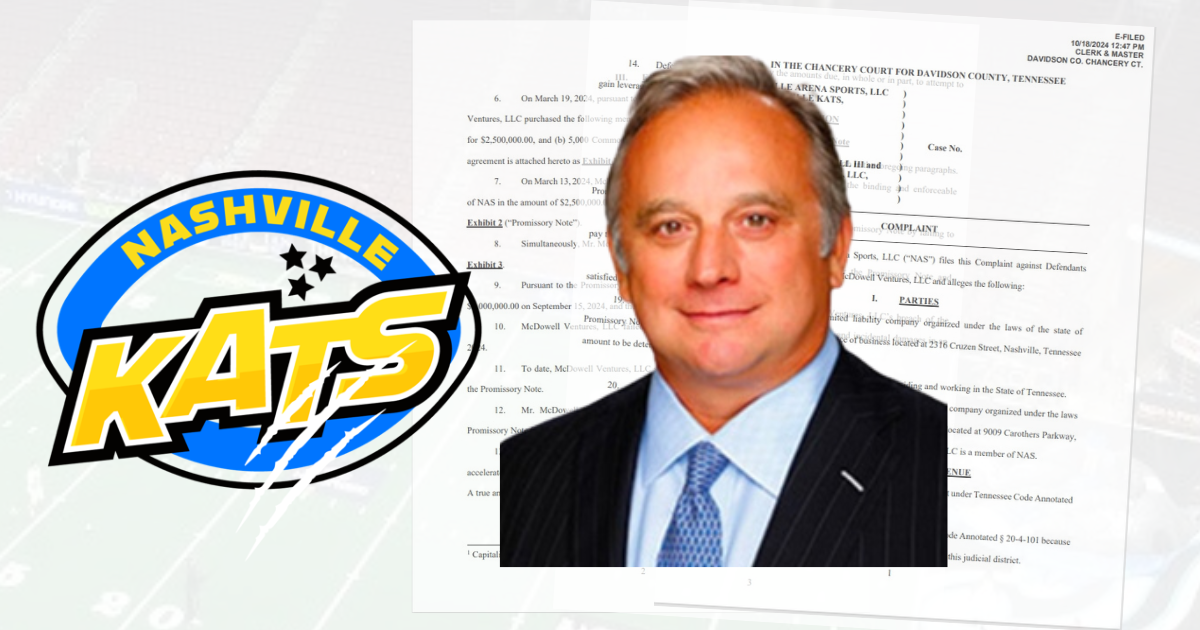 Nashville Kats logo and Chuck Mcdowell with copies of the lawsuit in the background