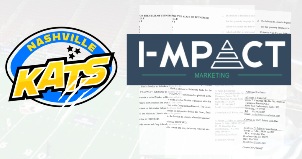 Image of Nashville Kats logo and I-MPACT Marketing logo along with a screengrab of the lawsuits